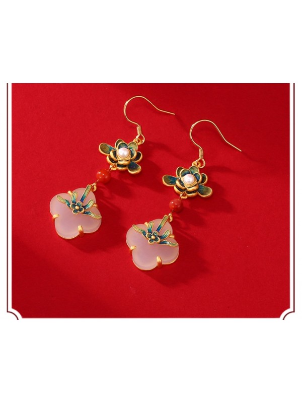 Classical tassels stud earrings lotus painted jade
